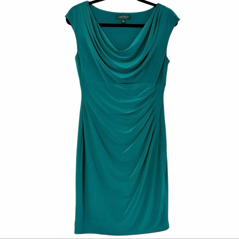 Ralph Lauren Green Jade Cowl Neck Ruched Jersey Dress Size 10P